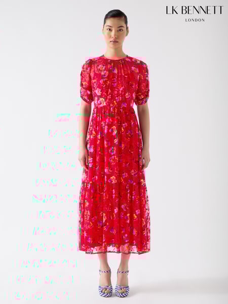 LK Bennett Red Tilly Aurora Silk Blend Ikat Floral Print Dress With Devorè© (F79098) | € 778