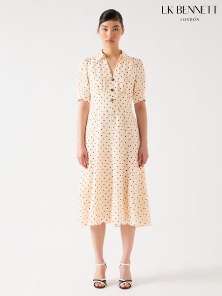 LK Bennett Cream Sophie Birch Viscose Blend 30'S Polka Dot Print Collared Dress (F79099) | € 622