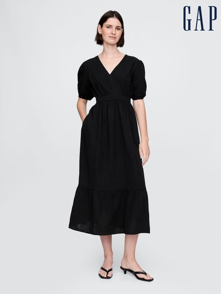 Gap Black Crinkle Gauze 100% Cotton Open-Back Puff Sleeve Midi Dress (F79500) | € 78