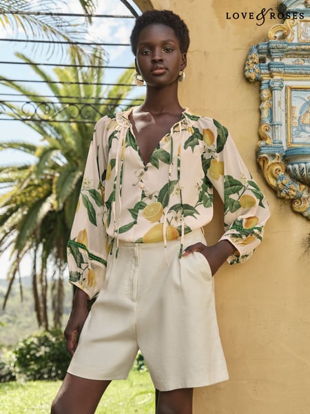 Love & Roses Lemon Yellow Printed Shirred Notch Neck Long Sleeve Blouse (F79687) | € 62