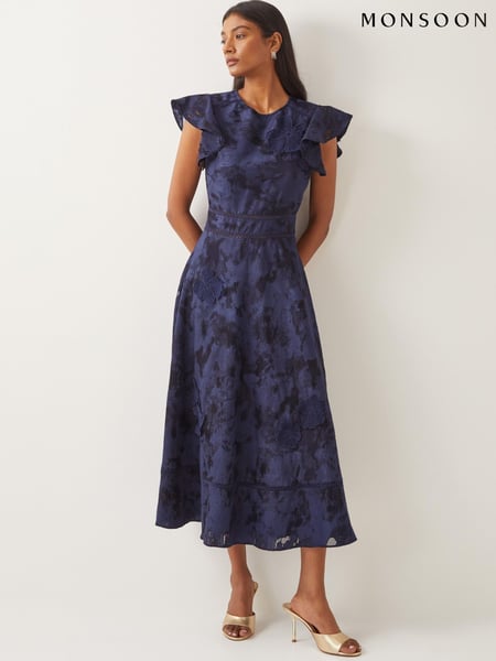 Monsoon Blue Josie Flutter Sleeve Floral Jacquard Midi Dress (F83225) | € 234