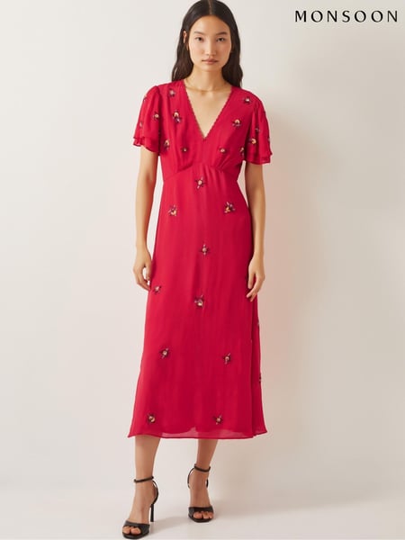 Monsoon Red Gia Embellished Tea Dress (F83234) | € 250