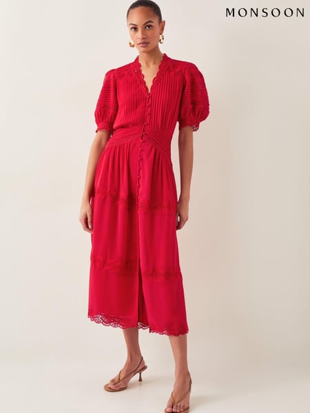 Monsoon Red Kiana Pintuck Puff-Sleeve Midi Dress (F83251) | € 250