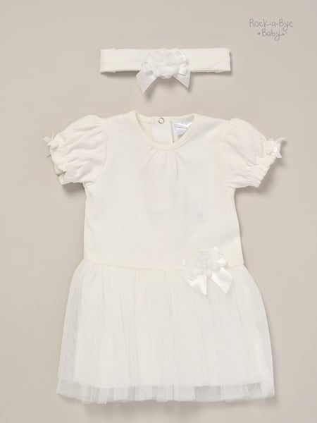 Rock-A-Bye Baby Boutique Rose Ribbon Detail Tutu White Dress and Headband Outfit Set (F85681) | € 34