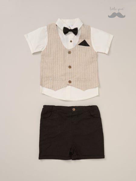 Little Gent 100% Cotton Brown Shirt with Mock Waistcoat Shorts and Bowtie Outfit Set (F85716) | € 47