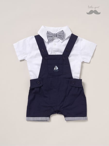Little Gent Blue 100% Cotton Bodysuit Shirt Dungarees and Bowtie Outfit Set (F85805) | € 41