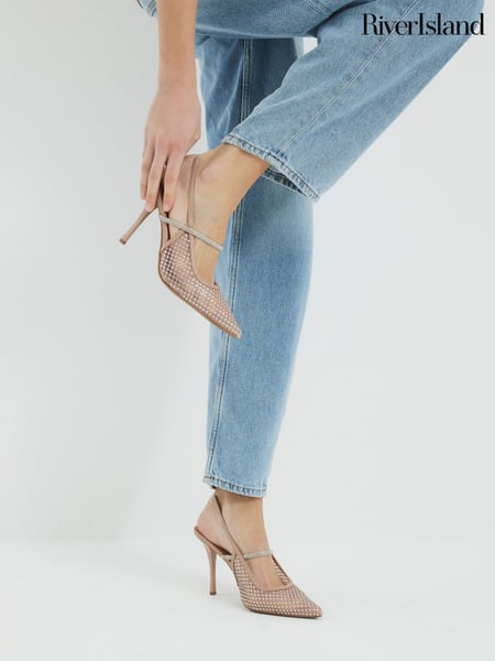 River Island Brown Beige Mesh Diamante Sling Court Shoes (F86780) | € 72