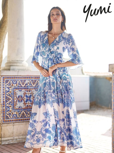 Yumi Blue Paisley Wrap Midi Dress With 3/4 Sleeves (F86877) | € 109