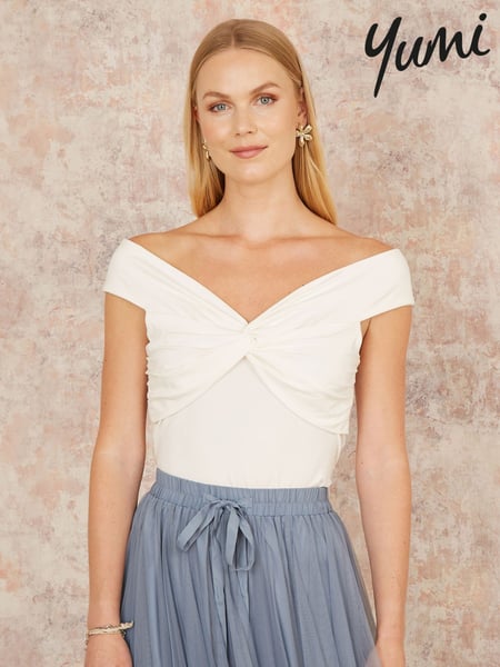 Yumi White Jersey Bardot 100% Cotton Top With Knot Detail (F86892) | € 67