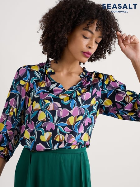 Seasalt Cornwall Black Multi Flower Weave Satin Frill Neck Print  Blouse (F87015) | € 91
