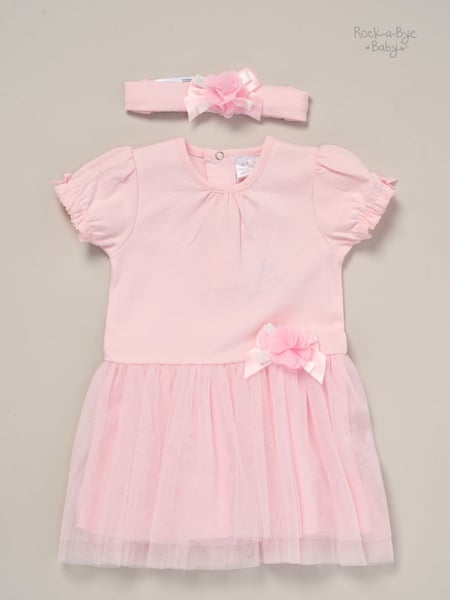Rock-A-Bye Baby Boutique Rose Pink Ribbon Detail Dress and Headband Outfit Set (F87324) | € 31