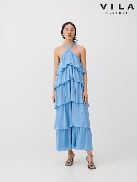 VILA Blue Satin Frill Tiered Maxi Dress (F87423) | € 112