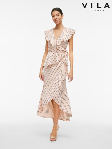 VILA Pink Spot Print Satin Frill Wrap Ankle Dress (F87424) | € 100