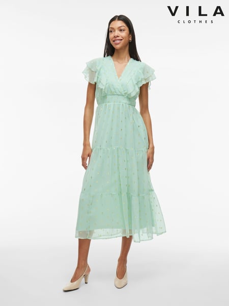VILA Green Foil Print Chiffon Midi Frill Dress (F87433) | € 87