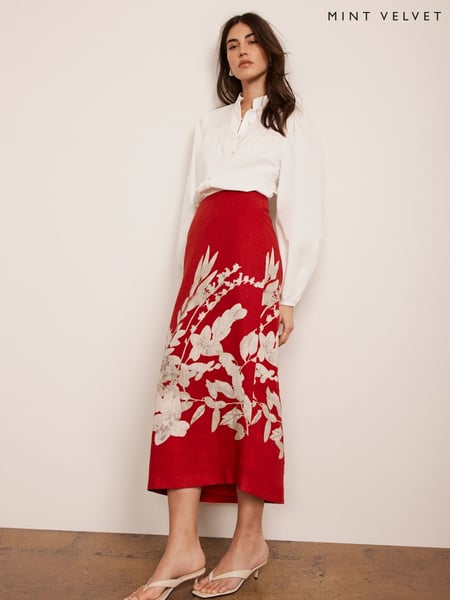 Mint Velvet Red Floral Print Pencil 100% Linen Skirt (F87453) | € 172