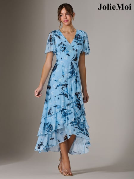 Jolie Moi Blue Mesh Print Frill Hem Midaxi Dress (F88394) | € 123