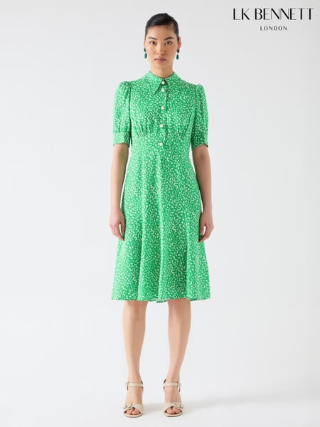 LK Bennett Green Esme Jelly Bean & Birch Viscose Ikat Spot Print Fit & Flare Collared Dress (F89045) | € 466