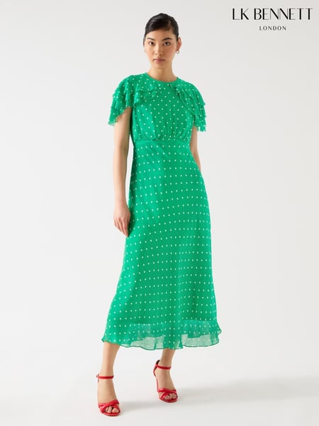 LK Bennett Green Ellen Jelly Bean & Birch Viscose Polka Dot Print Frill Collar Dress (F89054) | € 466