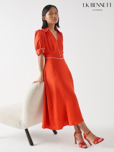 LK Bennett Red Petite Lou Aurora Viscose Contrast Trim Satin Crepe Dress (F89062) | € 466