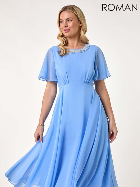 Roman Blue Petite Trim Neck Short Sleeve Dress (F89121) | € 106