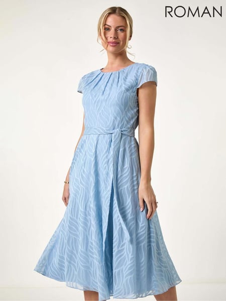 Roman Blue Petite Gathered Neck Jacquard Dress (F89123) | € 101