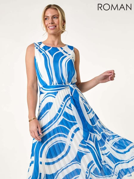 Roman Blue Petite Print Tie Waist Pleated Dress (F89132) | € 109