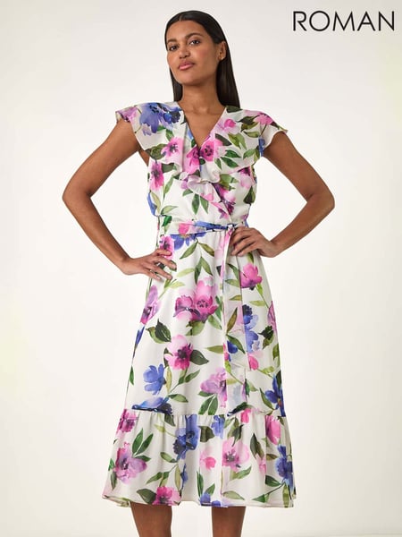 Roman White Floral Print Frill Wrap Midi Dress (F89161) | € 106