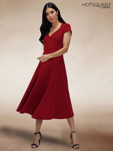 Hot Squash Red A Line Midi Dress with Cap Sleeves (F89458) | € 195