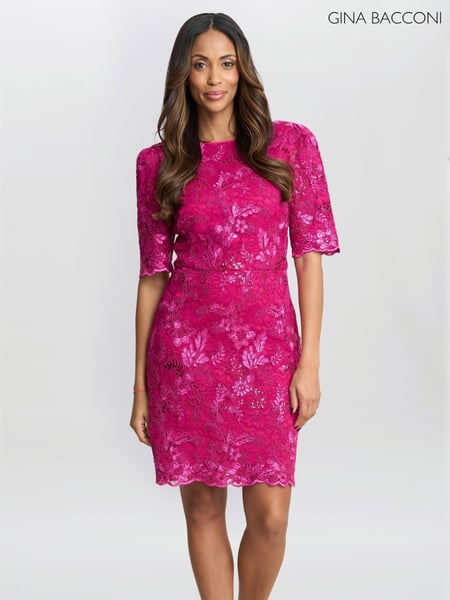Gina Bacconi Pink Tammy Embroidered Lace Dress (F91611) | € 515