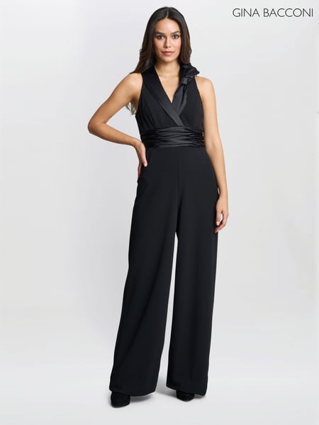 Gina Bacconi Melodie Crepe Black Jumpsuit With Satin Bow (F91615) | € 530