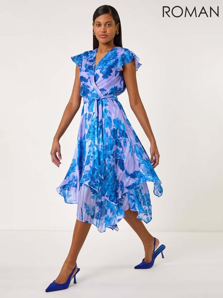 Roman Blue Floral Frill Midi Wrap Dress (F92199) | € 106