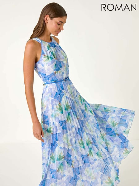 Roman Blue Floral Print Pleated Maxi Dress (F92211) | € 140