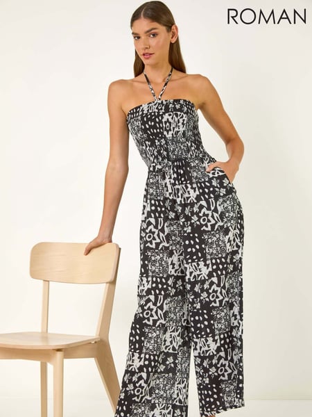 Roman Black Abstract Print Shirred Bandeau Jumpsuit (F92321) | € 70