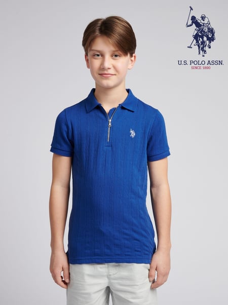 U.S. Polo Assn. Blue Boys Stripe Textured Zip 100% Cotton Polo Shirt (F92740) | € 70 - € 84