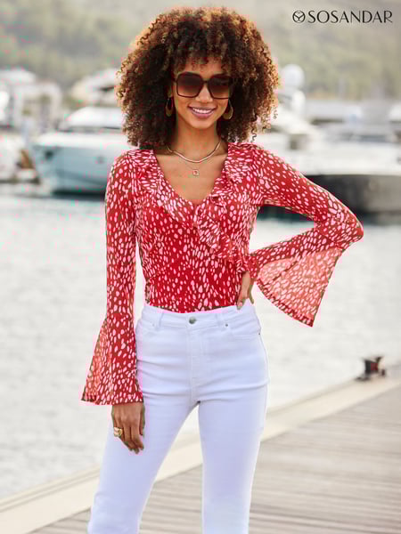 Sosandar Red Spot Print Mesh Ruffle Detail Wrap Blouse (F93500) | € 70