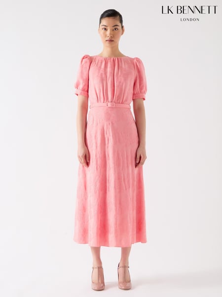LK Bennett Pink Pearl Desert Rose Viscose Blend Metallic Rose Puff Sleeve Dress (F94703) | € 466