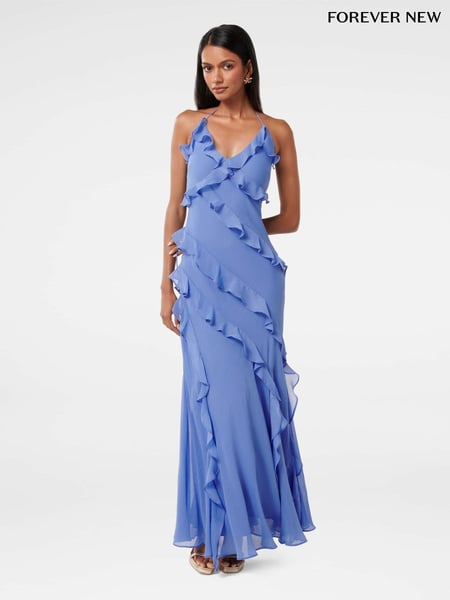 Forever New Blue Kimberley Petite Low Back Ruffle Dress (F94772) | € 195