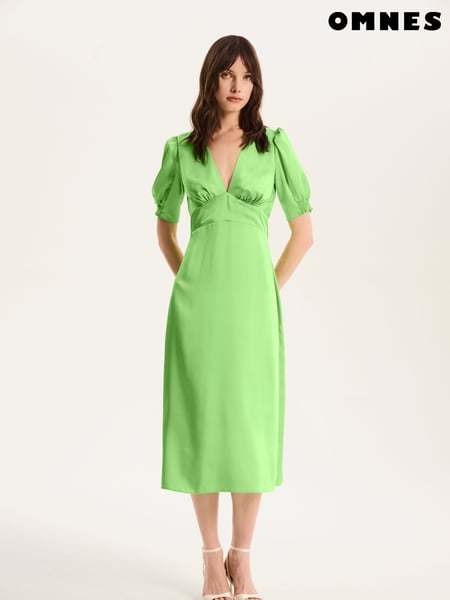 Omnes Green Odette Puff Sleeve Midi V-Neck Dress (F95493) | € 148