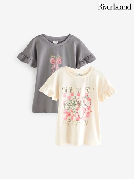 River Island Grey/Cream Girls 100% Cotton Frill T-Shirts 2 Pack (F96514) | € 31