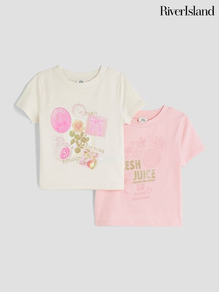River Island Pink Girls Postcard Print 100% Cotton T-Shirts 2 Pack (F96520) | € 31