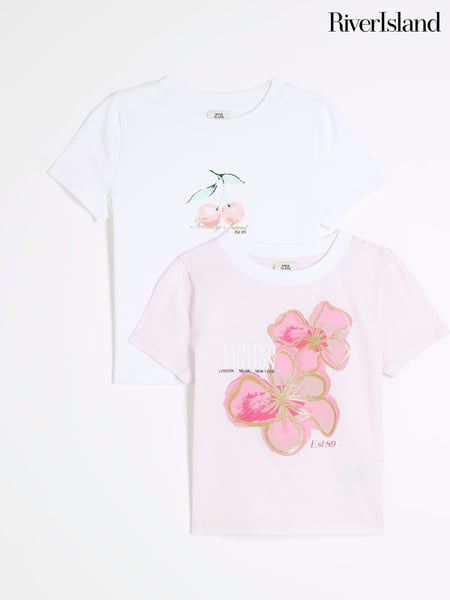 River Island Pink Girls Graphic 100% Cotton Tops 2 Pack (F96556) | € 31