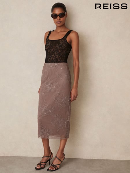 Reiss Taupe Brown Rita Lace Pencil Skirt (F96657) | € 246