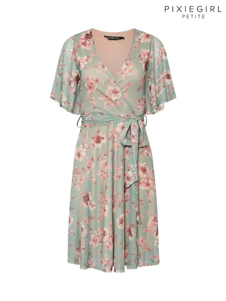 PixieGirl Petite Sage Green Floral Print Mesh Wrap Midi Dress (F97568) | € 61
