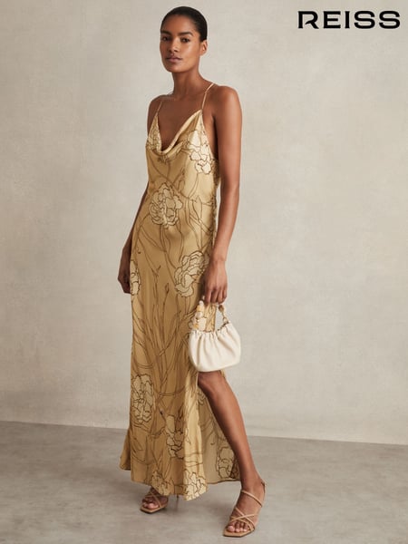 Reiss Gold Rochelle Satin Floral-Print Slip Maxi Dress (F97750) | € 309