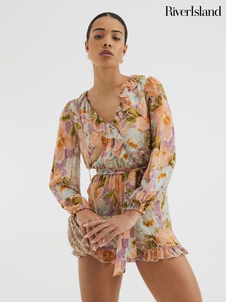 River Island Orange Embellished Ruffle Playsuit (F98089) | € 87