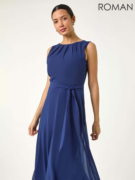 Roman Blue Chiffon Pleat Neck Midi Dress (F99521) | € 84