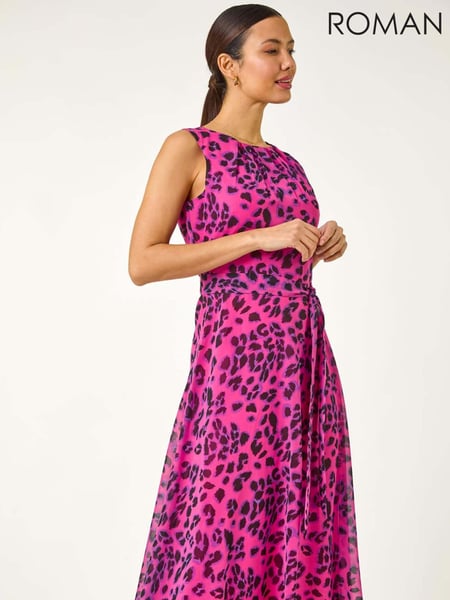 Roman Pink Animal Print Pleated Chiffon Dress (F99536) | € 86