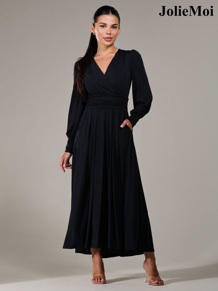 Jolie Moi Black Petite Petite Long Sleeve Soft Silky Jersey Maxi Dress (G00640) | € 148