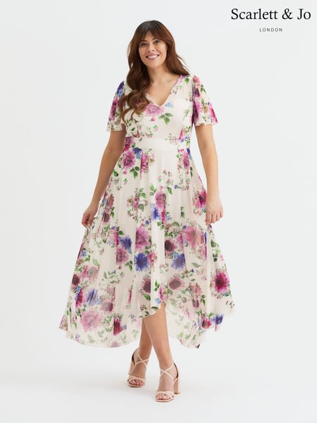 Scarlett & Jo Cream Tilly  Wine Rose Print Angel Sleeve Sweetheart Dress (G00946) | € 140