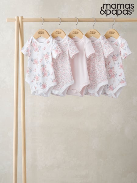 Mamas & Papas Pink Floral Print 100% Cotton Short Sleeve Bodysuits 5 Pack (H14307) | € 28